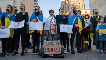 People participate in a flash mob protest against the Russian invasion of Ukraine, in Manhattan, New York City, New York, US, April 8, 2022. (Reuters)