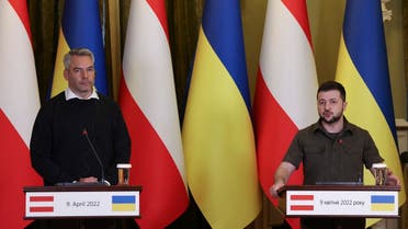 Ukraine’s President Volodymyr Zelensky (R) and Austria’s chancellor Karl Nehammer (L) attend a press conference in Kyiv, on April 9, 2022. (AFP)