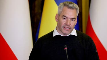 Austria's chancellor Karl Nehammer speaks as he attends a press conference with Ukraine's President in Kyiv, on April 9, 2022.  (AFP)