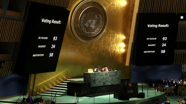Displays show the results of voting on suspending Russia from United Nations Human Rights Council during an emergency special session of the U.N. General Assembly on Russia's invasion of Ukraine, at the United Nations headquarters in New York City, New York, US April 7, 2022. (Reuters)