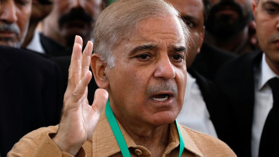 Newly elected prime minister Mian Muhammad Shahbaz Sharif, brother of ex-Prime Minister Nawaz Sharif, gestures as he speaks to the media at the Supreme Court of Pakistan in Islamabad, Pakistan April 5, 2022. (Reuters)