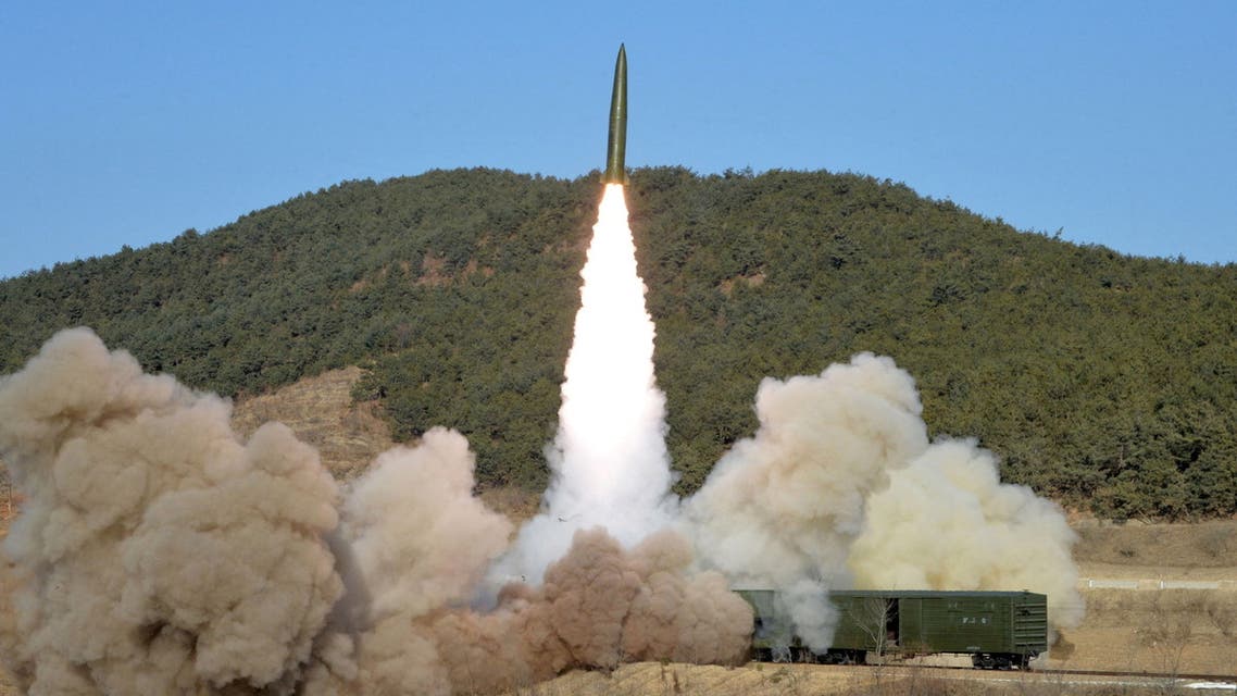 A railway-born missile is launched during firing drills according to state media, at an undisclosed location in North Korea, in this photo released January 14, 2022 by North Korea's Korean Central News Agency (KCNA). (Reuters)