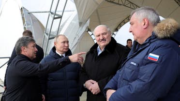 Russian President Vladimir Putin, Belarusian President Alexander Lukashenko and Director General of Roscosmos Dmitry Rogozin visit the construction site of the Amur launch complex for Angara rockets at the Vostochny Cosmodrome in Amur Region, Russia April 12, 2022. (Reuters)