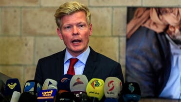 UN special envoy Hans Grundberg gives a press conference at Sanaa's international airport before his departure from the Yemeni capital, on April 13, 2022. (AFP)