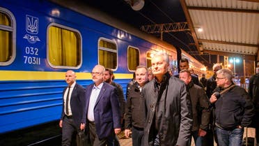 Latvian President Egils Levits, Polish President Andrzej Duda, and Lithuanian President Gitanas Nauseda board a train to Ukraine, amid Russia's invasion, in Rzeszow, Poland, April 13, 2022. Office of the President of the Republic of Lithuania/Handout via REUTERS ATTENTION EDITORS - THIS IMAGE HAS BEEN SUPPLIED BY A THIRD PARTY.