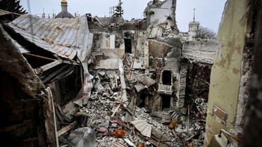 This picture shows the partially destroyed Mariupol drama theatre, bombed last March 16, in Mariupol on April 12, 2022. (AFP)