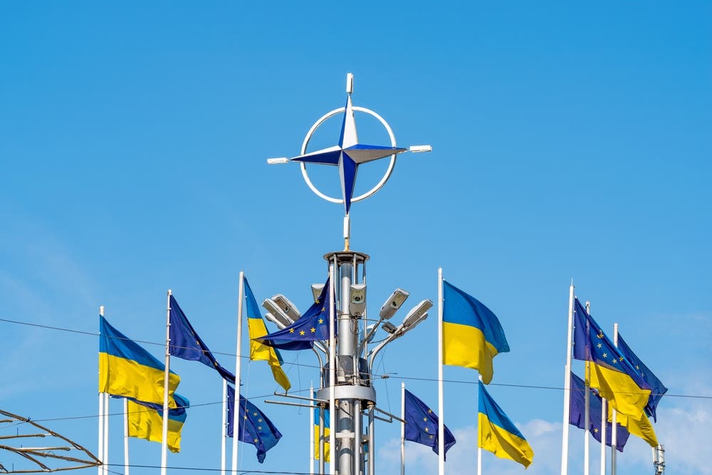 الأعلام الأوكرانية مع علم الاتحاد الأوروبي وشعار الناتو (Shutterstock)