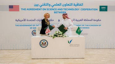 President Dr. Mounir El-Desouky of King Abdulaziz City for Science and Technology (KACST) and US Chargé d'Affaires Martina Strong at the agreement signing to extend a science and research agreement for over 10 years. (SPA)