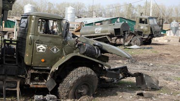 This picture taken on April 16, 2022 shows part of destroyed Russian vehicles near Gusarovka village, in Kharkiv oblast, eastern Ukraine. (AFP)