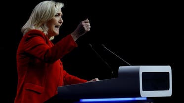 Marine Le Pen, French far-right National Rally (Rassemblement National) party candidate for the 2022 French presidential election, speaks during a campaign meeting in Avignon, France. (Reuters)