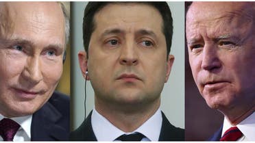 This combination of pictures created on January 2, 2022 shows Russia's President Vladimir Putin at the Kremlin in Moscu on March 1, 2018, Ukrainian President Volodymyr Zelensky in Kiev on December 8, 2021 and US President Joe Biden in Wilmington, Delaware on January 15, 2021. (AFP)