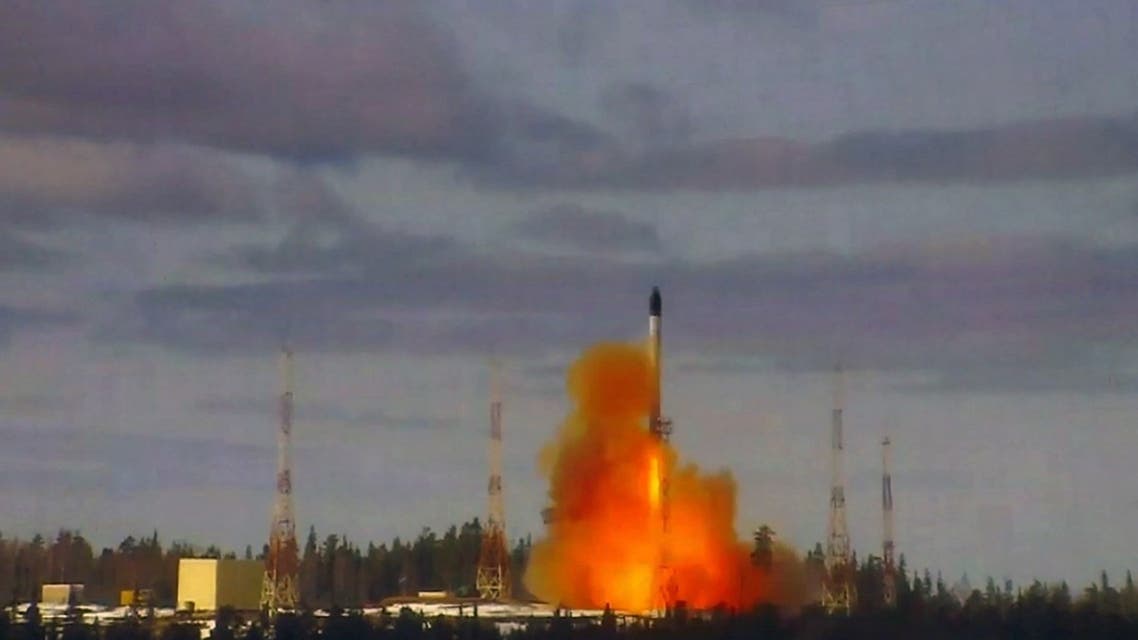This grab made from a handout video footage released by the Russian Defence Ministry on April 20, 2022 shows the launching of the Sarmat intercontinental ballistic missile at Plesetsk testing field, Russia. (AFP)