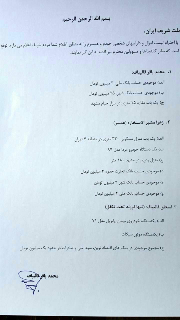 فهرست خود اعلامی دارایی‌های محمدباقر قالیباف، رئیس مجلس ایران
