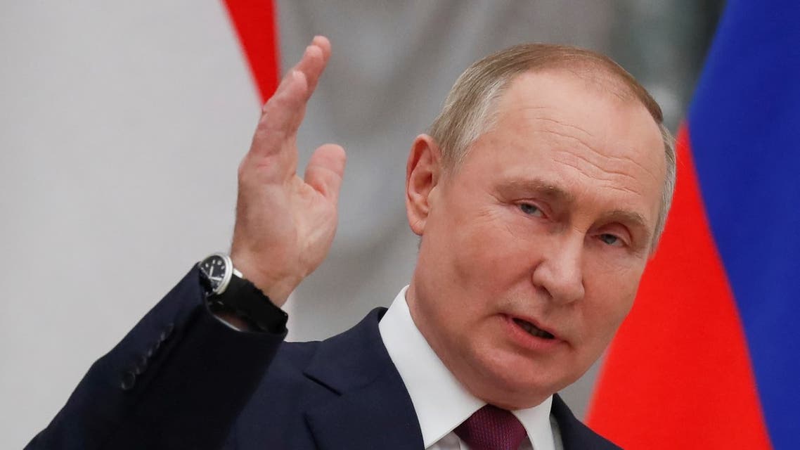 Russian President Vladimir Putin gestures as he talks during a press conference with Hungarian Prime Minister after their meeting at the Kremlin in Moscow on February 1, 2022. (AFP)