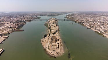 An aerial picture shows a view of Sinbad Island in the Shatt Al-Arab river in the southern city of Basra, on April 1, 2022. (Photo by Hussein FALEH / AFP)