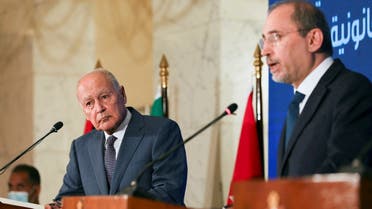 Arab League Secretary-General Ahmed Aboul Gheit listens as Jordanian Foreign Minister Ayman Safadi speaks during a joint news conference with Palestinian Foreign Minister Riyad al-Maliki, following the Arab Ministerial Committee meeting in Amman, Jordan on April 21, 2022. (Reuters)