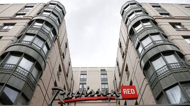 The logo of Radisson Red hotel group is pictured over its main entrance in central Brussels, Belgium. (Reuters)