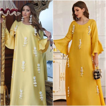 A dress designed by Fatima al-Mulla (left) and the copied product sold by SHEIN (right). (Supplied)