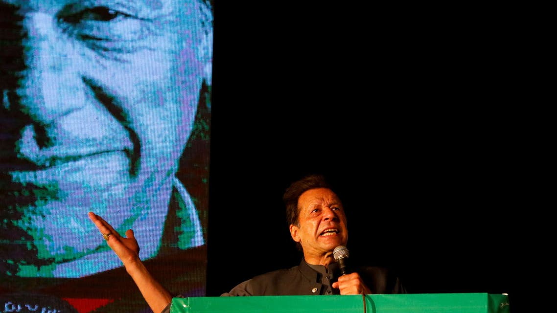 Ousted Pakistani Prime Minister Imran Khan gestures as he addresses supporters during a rally, in Karachi, Pakistan April 16, 2022. (Reuters)