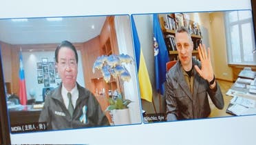 Taiwan’s foreign minister speaks with Ukraine’s mayor via video link on April 22, 2022. (Twitter)