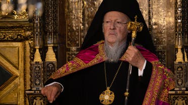 Ecumenical Patriarch of Constantinople Bartholomew I leads a service with at the Patriarchal Church of Saint George in Istanbul, on March 6, 2022. (AFP)