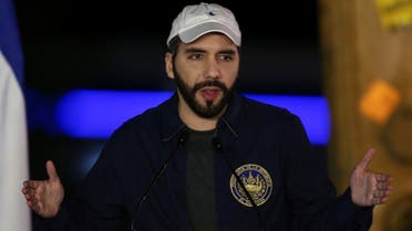 El Salvador’s President Nayib Bukele speaks during a ceremony to lay the first stone of a traffic overpass, in Santa Tecla, El Salvador, on February 1, 2022. (Reuters)