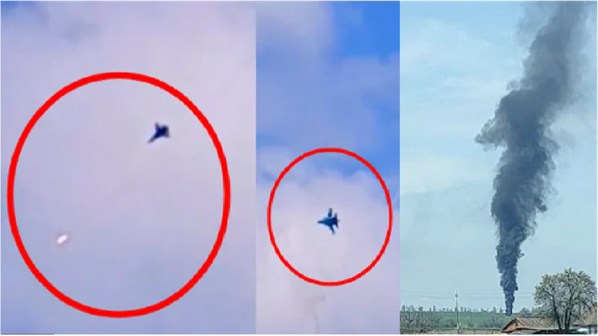 شاهد "سوخوي" روسية تسقط بصاروخ أوكراني وهبوط الطيارين بمظلة
