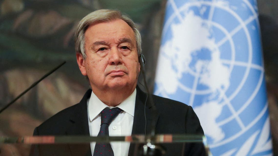 UN Secretary-General Antonio Guterres speaks at a news conference after his meeting with Russian Foreign Minister Sergei Lavrov in Moscow, Russia, April 26, 2022. Maxim Shipenkov/Pool via REUTERS