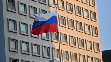 This picture shows Russia’s national flag at the Russian Embassy in Tokyo on April 8, 2022. (AFP)