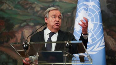 UN Secretary-General Antonio Guterres speaks at a news conference after his meeting with Russian Foreign Minister Sergei Lavrov in Moscow, Russia, April 26, 2022. Maxim Shipenkov/Pool via REUTERS