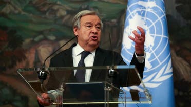 UN Secretary-General Antonio Guterres speaks during a joint press conference with Russian Foreign Minister following their talks in Moscow on April 26, 2022. (AFP)