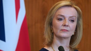 Britain's Foreign Secretary Liz Truss gives a press statement with Ukrainian Foreign Minister at the British Embassy in Warsaw, Poland on April 4, 2022. (AFP)