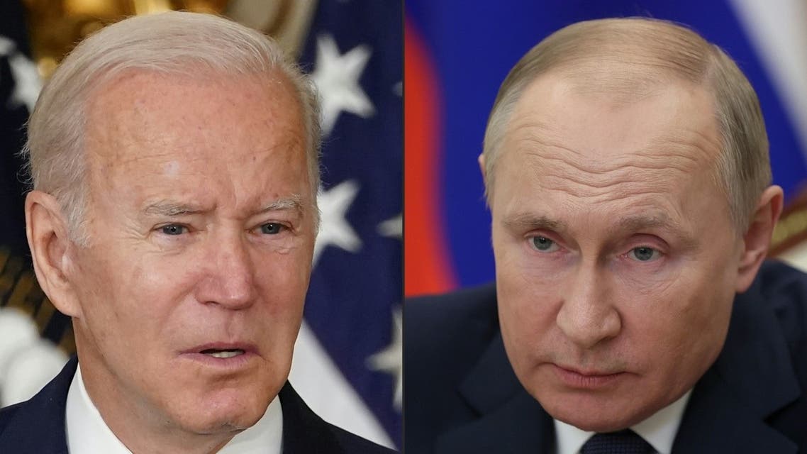 This combination of pictures created on December 06, 2021 shows US President Joe Biden during a signing ceremony at the White House in Washington, DC on November 18, 2021 and Russian President Vladimir Putin in a congress of the United Russia party in Moscow, on December 4, 2021. (AFP)