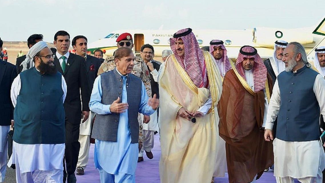 Pakistan’s Prime Minister Shehbaz Sharif arrives in Saudi Arabia’s Medina on April 28, 2022. (SPA)