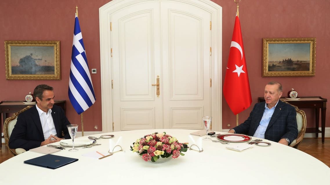This handout photo taken and released on March 13, 2022 by the Turkish presidential press service shows Turkish President Recep Tayyip Erdogan (R) meets with Greek Prime Minister Kyriakos Mitsotakis (L) in Istanbul. (AFP)
