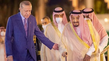 Turkey’s President Recep Tayyip Erdogan arrived in Saudi Arabia on April 28, 2022 and met Saudi King Salman bin Abdulaziz in Jeddah. (Twitter/KSAMOFA)