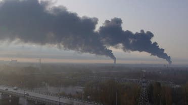 Plumes of smoke rise after a fire erupts at an oil depot in Bryansk, Russia April 25, 2022 in this still image obtained from social media video. (Reuters)