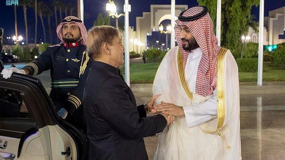 Saudi Arabia's Crown Prince Mohammed bin Salman meets Pakistan's newly elected Prime Minister Shehbaz Sharif in Saudi Arabia. (SPA)