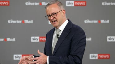 Australian Opposition Leader Anthony Albanese speaks during the first leaders’ debate of the 2022 federal election, at the Gabba sports stadium, in Brisbane, on April 20, 2022. (Reuters)