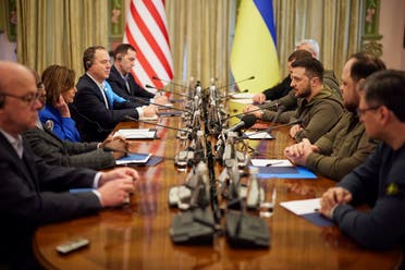 Ukraine’s President Volodymyr Zelenskyy and US House Speaker Nancy Pelosi (D-CA) attend a meeting, as Russia’s attack on Ukraine continues, in Kyiv, Ukraine, on April 30, 2022. (Reuters)