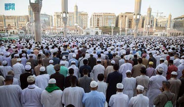 Worshippers perform Eid al-Fitr prayers at the Prophet's Mosque in Medina, Saudi Arabia on Monday May 2 2022. (SPA)