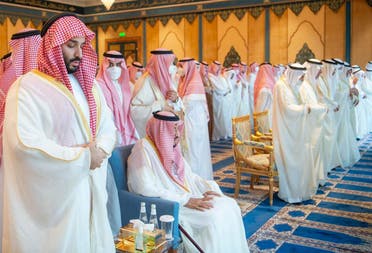 King Salman and the Crown Prince Mohammed bin Salman perform Eid prayers on May 2, 2022. (Al Arabiya)