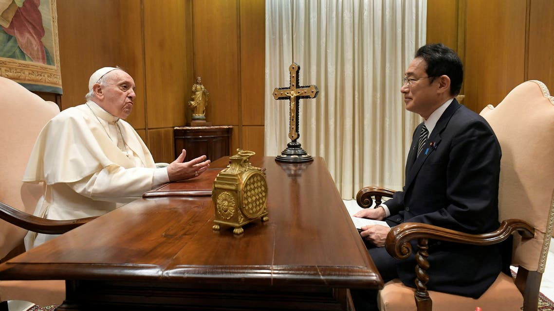 Pope Francis meets Japanese Prime Minister Fumio Kishida during a private audience at the Vatican, May 4, 2022. (Reuters)