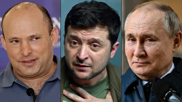 This combination of file pictures created on March 6, 2022, shows Israeli Prime Minister Naftali Bennett (L) at Meir Medical Center in the central Israeli city of Kfar Saba, on August 20, 2021, Ukrainian President Volodymyr Zelensky (C) during a press conference in Kyiv on March 3, 2022 and Russian President Vladimir Putin at the National Space Centre construction site in Moscow, on February 27, 2022. (AFP)