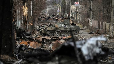 This general view shows destroyed Russian armored vehicles in the city of Bucha, west of Kyiv, on March 4, 2022. (AFP)