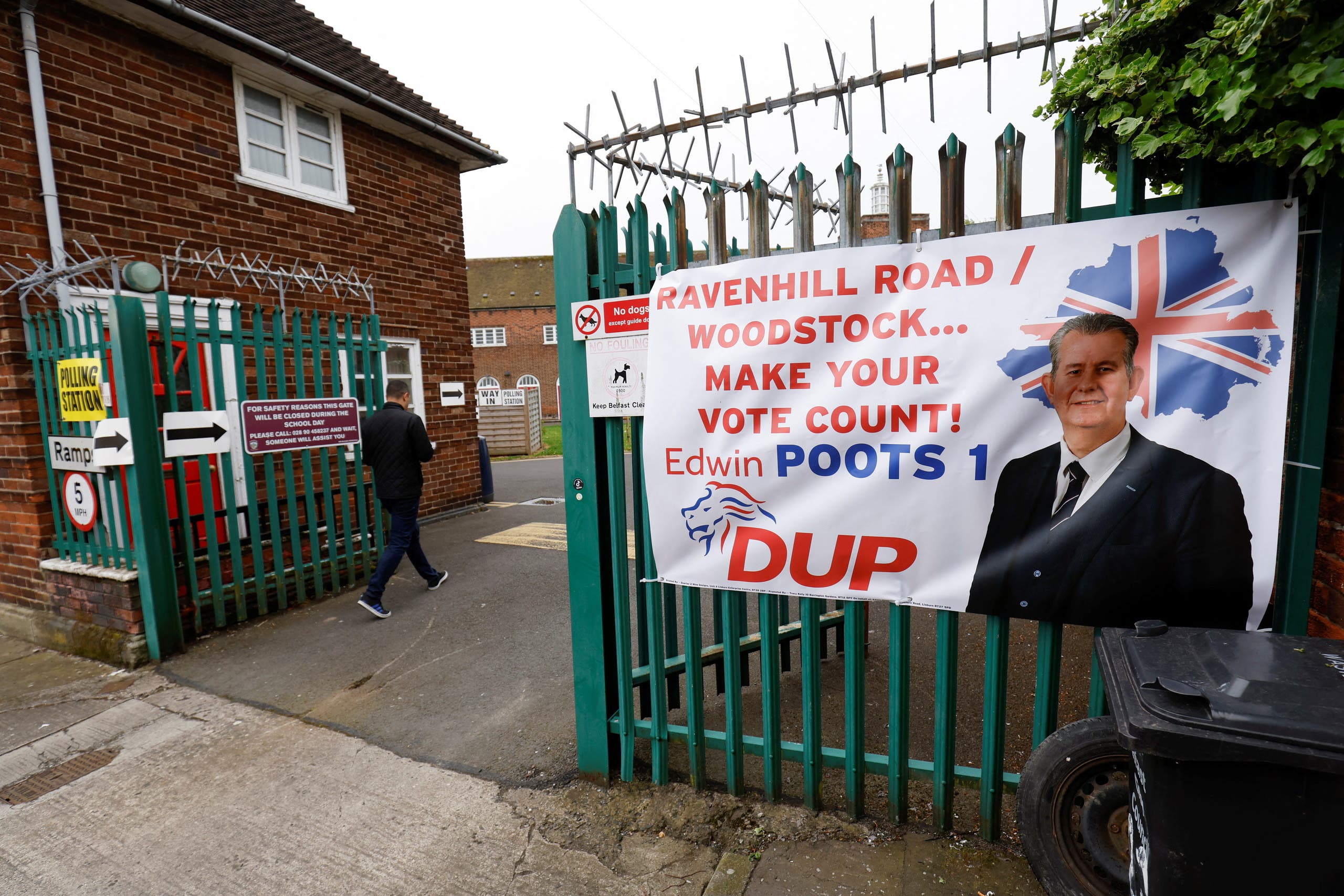 Unionist banner in front of a polling station in Belfast