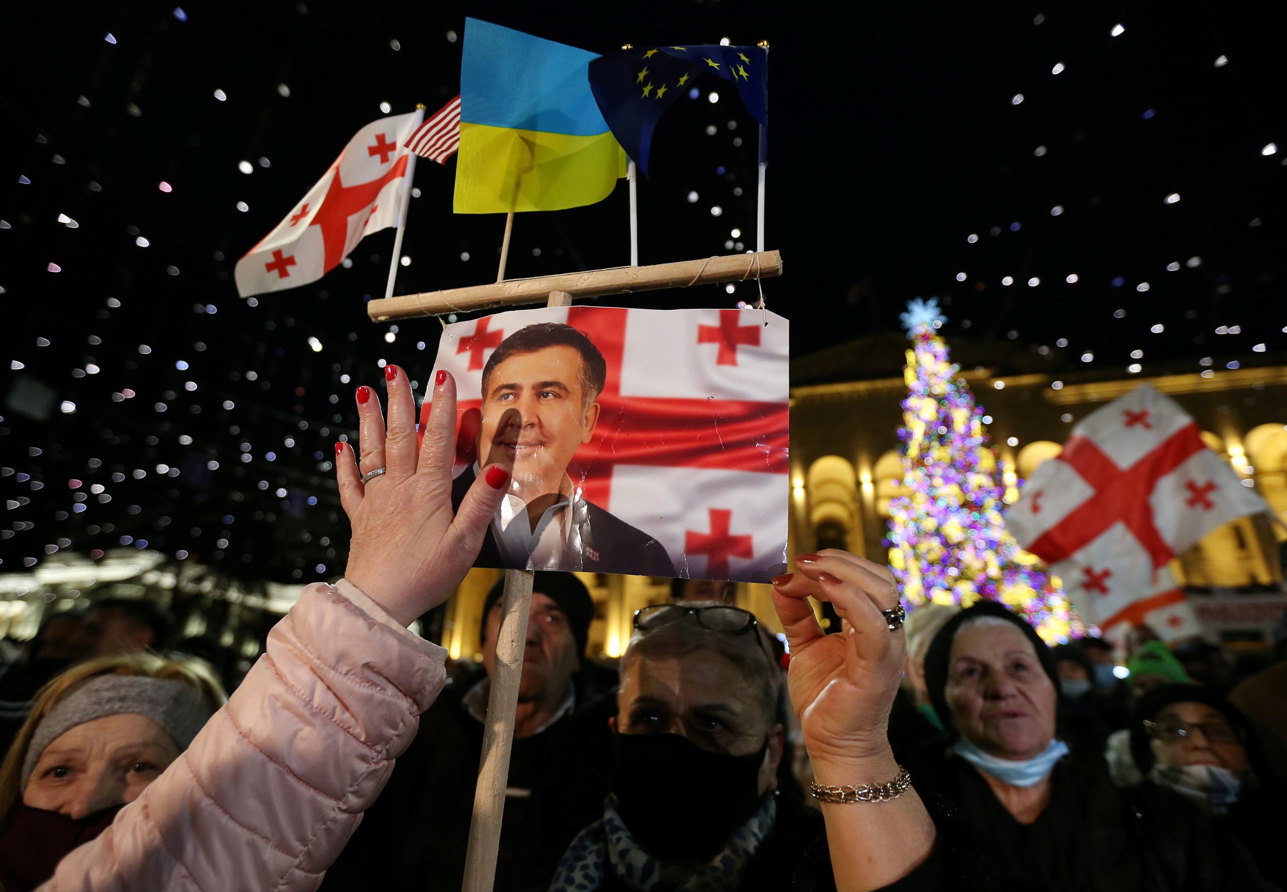 مناصرون لساكاشفيلي يرفعون علمي جورجيا وأوكرانيا في تبليسي في ديسمبر الماضي
