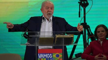 Former Brazilian President Luiz Inacio Lula da Silva delivers a speech during the launch of his campaign for Brazil’s October presidential election in Sao Paulo, Brazil, on May 7, 2022. (AFP)