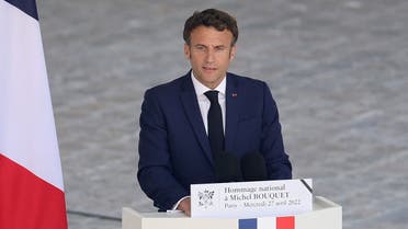 French President Emmanuel Macron delivers a speech during the tribute ceremony for late French actor Michel Bouquet, at the Hotel des Invalides in Paris, France April 27, 2022. REUTERS/Sarah Meyssonnier