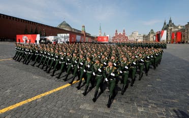 Russian service members march during a rehearsal for a military parade marking the anniversary of the victory over Nazi Germany in World War Two in Red Square in central Moscow, Russia May 7, 2022. (Reuters)